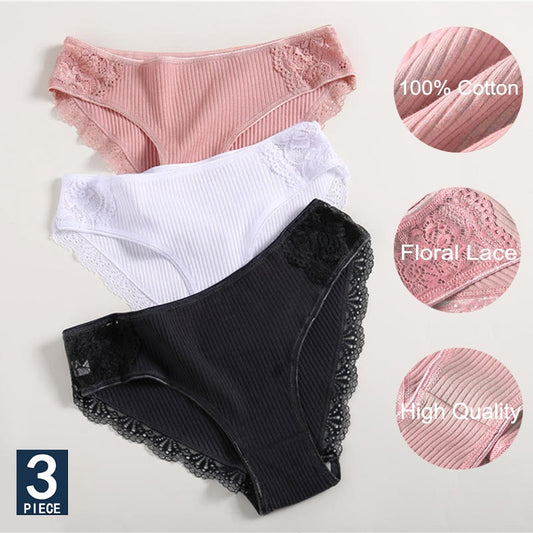 3PCS Women Cotton Panties Sexy Floral Lace Briefs Comfortable Low Rise Underwear