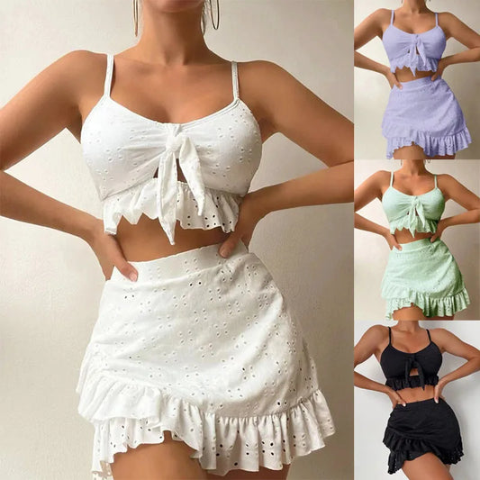 3 Piece Bikini Set Ruffled Wrap Skirt High Waist Sexy Beachwear for Women