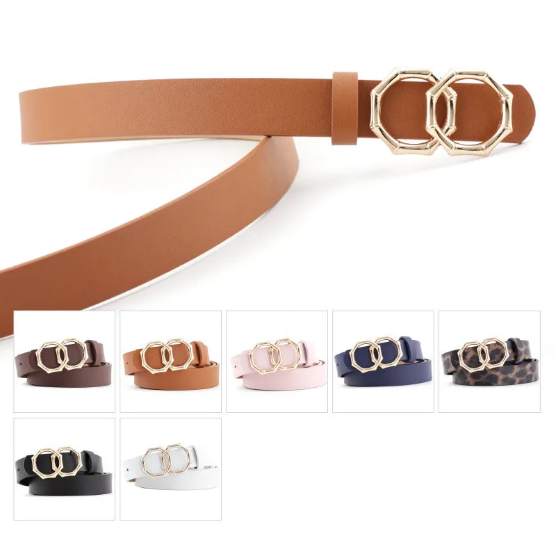 Vintage Double Round Buckle Belt Fashionable Imitation Leather with Alloy Pin Buckle Casual Waist Belt for Women Jeans and Dresses