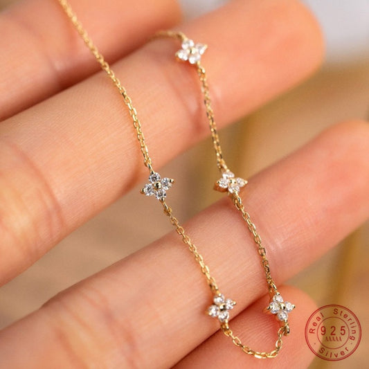 925 Sterling Silver Plated 18k Gold Shiny Zircon Flower Bracelet for Women Perfect Jewelry Gift