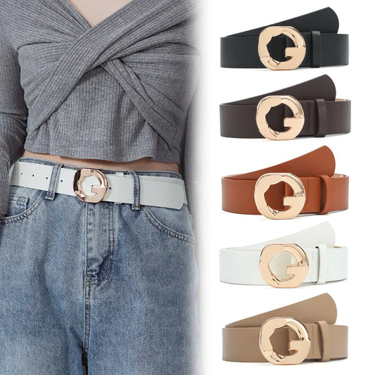 Classic Women Leather Belt Geometric Buckle Designer Luxury