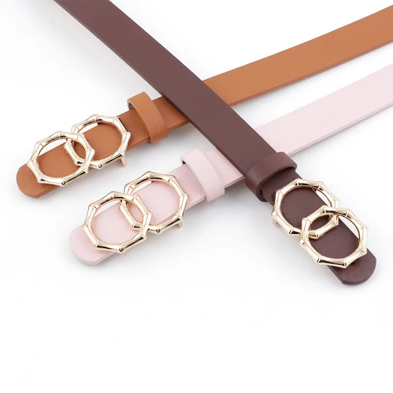Vintage Double Round Buckle Belt Fashionable Imitation Leather with Alloy Pin Buckle Casual Waist Belt for Women Jeans and Dresses