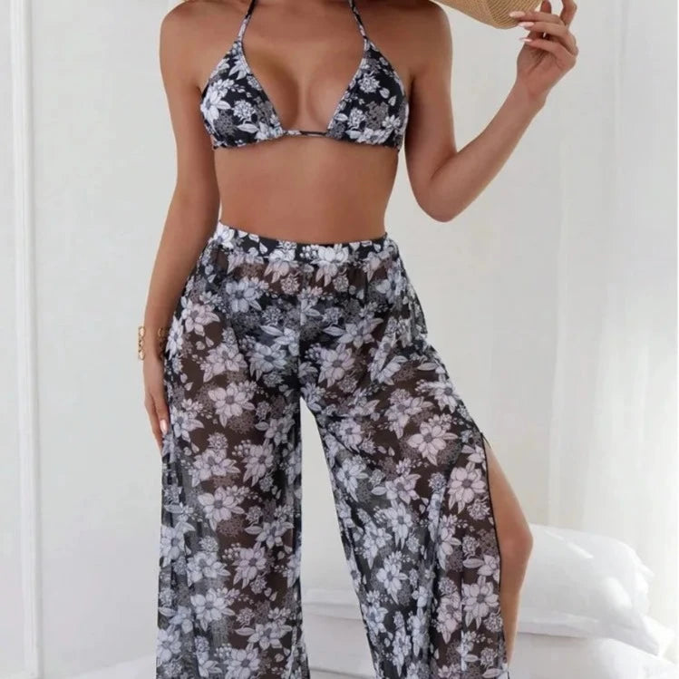 Print 3 Pack Bikini Set with Cover-Up Pants Knot Bathing Suit for Women Swimwear Biquini for Swimming