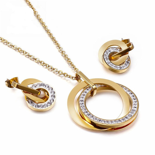 Stainless Steel Jewelry Sets for Women Three Rounds Pendant Necklace and Earrings Set Fashion Zirconia Wedding Jewelry Collection