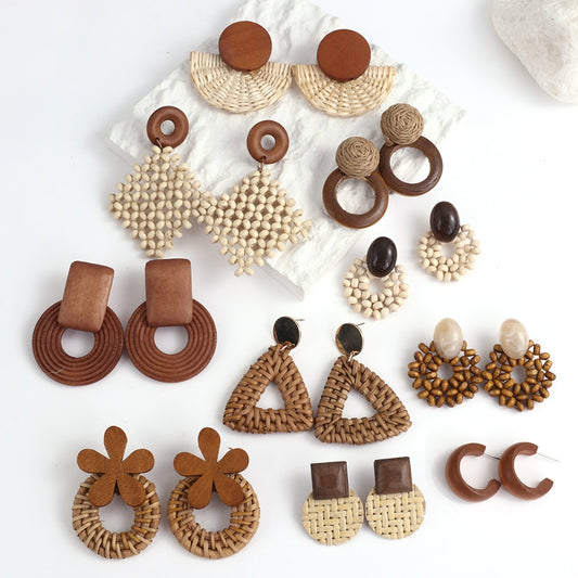 Handmade Geometric Wooden Rattan Drop Earrings Ethnic Bohemia Statement Earring for Women Wholesale Jewelry