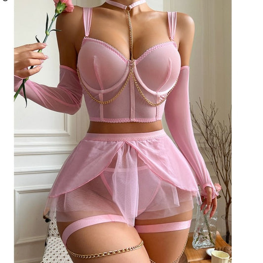New Light Pink Lace Lingerie Set with Ruffle Accents Sexy Halter Intimate Outfit Featuring Long Sleeves Bilizna Latest Erotic Collection
