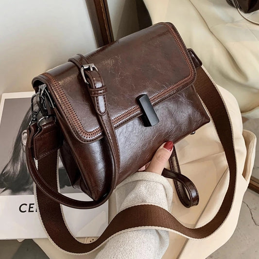 Classic Small PU Leather Crossbody Bags with Broad Strap for Women